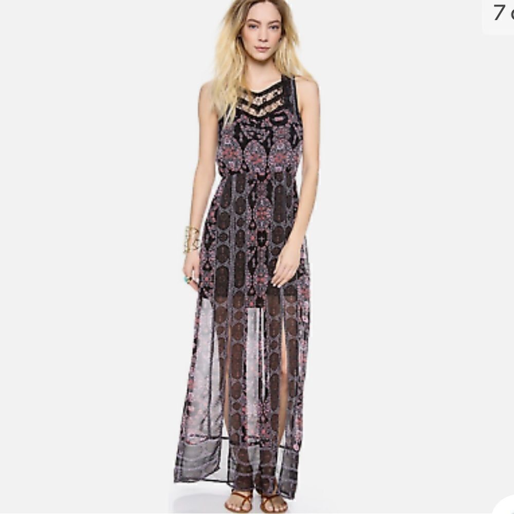 NWT Free People Moroccan Black Printed Lace Yoke Maxi Dress 4